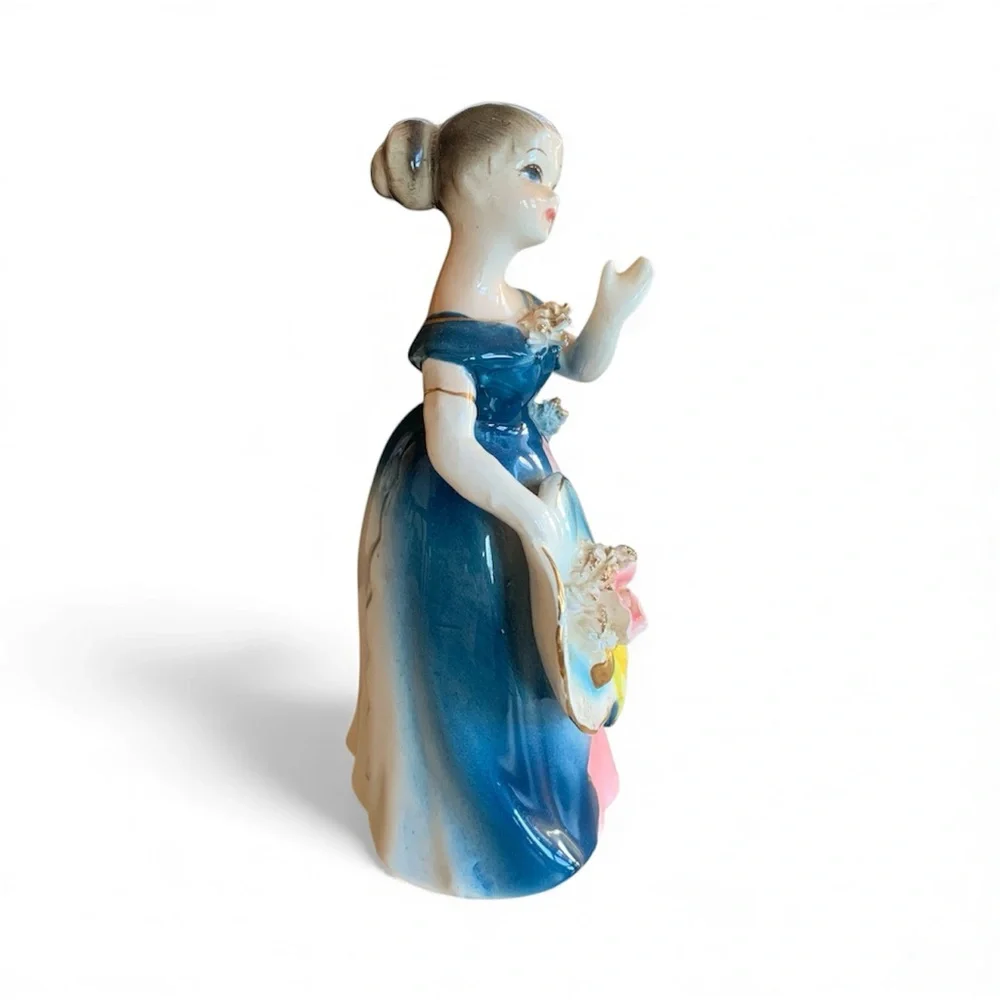Vintage Porcelain Southern Bell Figurine, Blue & Pink Dress Flowers Matching Hat
